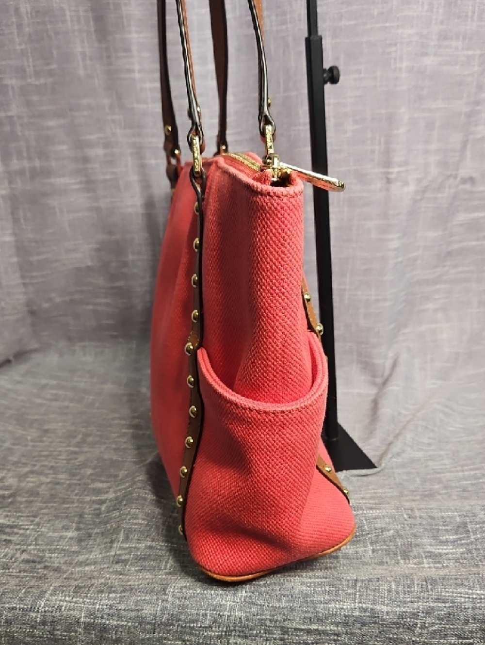 Michael Kors Coral Canvas Tote with Tan Leather Trim and MK Charm - Picture 4 of 15